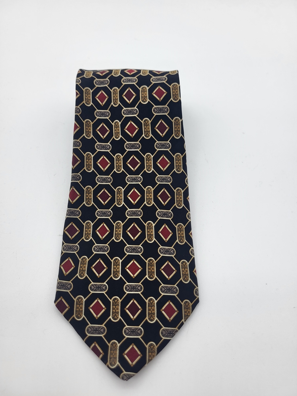 Valentino Black Silk Classic Office Event Tie Burgundy and Gold Geometric Motif